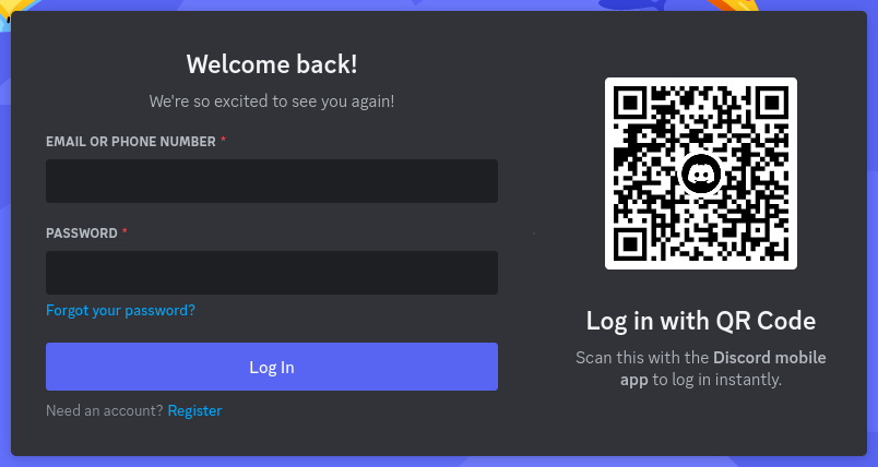 screenshot of discord login