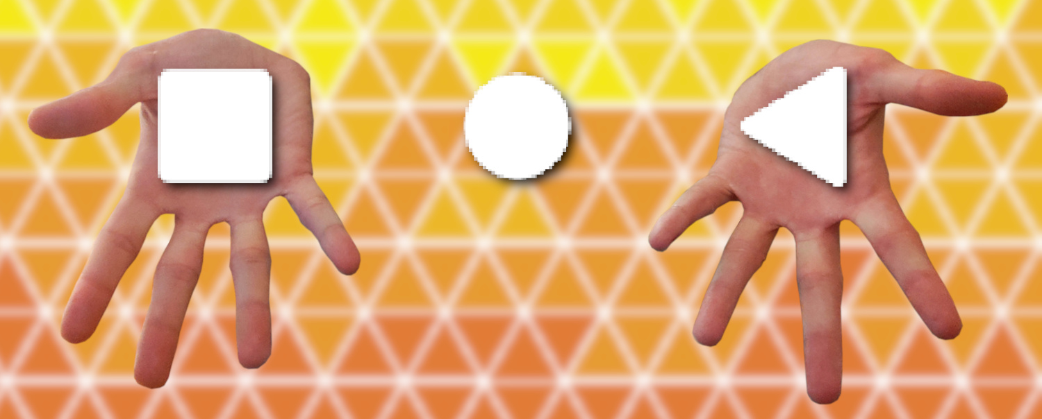 two hands under the navigation button icons in front of a geometric background