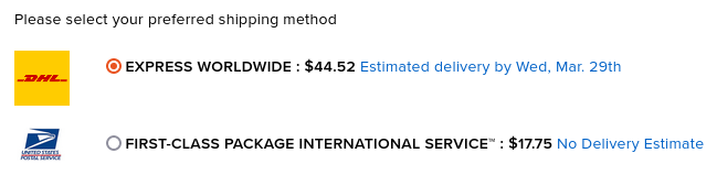screenshot of shipping costing $17.75 or $44.52