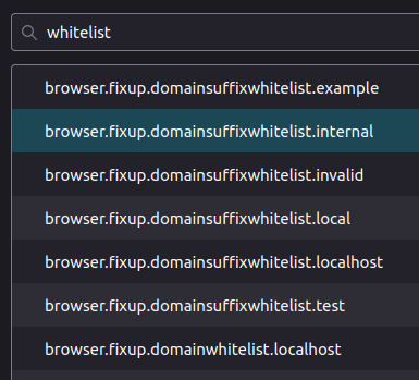 screenshot of Firefox whitelist config