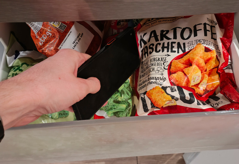 Pulling my XCover Pro out of the freezer, and a bag a frozen Kartoffel Taschen