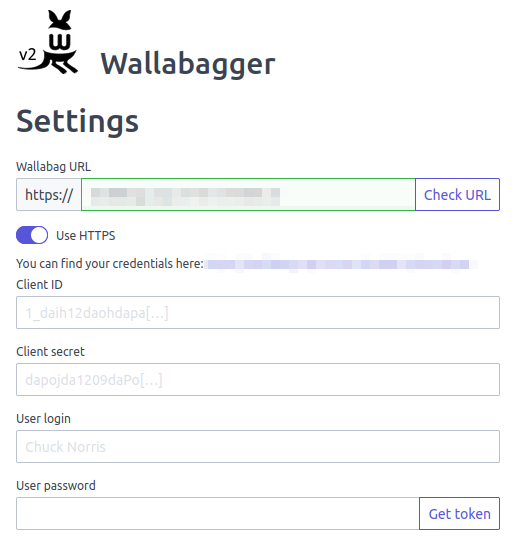 The settings for the Wallabagger Firefox extension