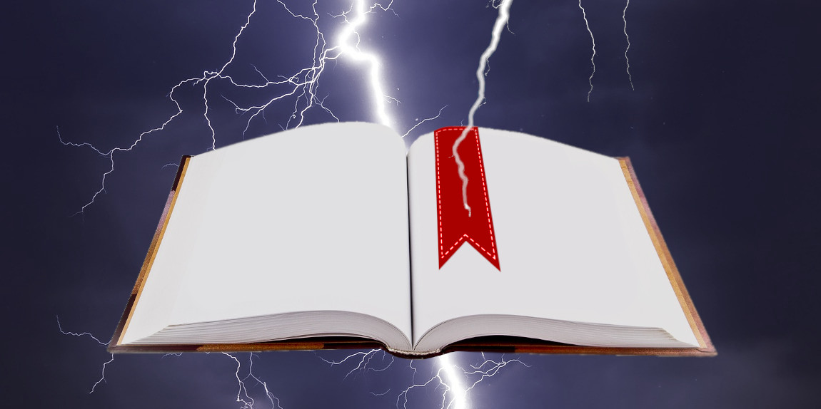 a bookmark inside a blank book being struck by lightning