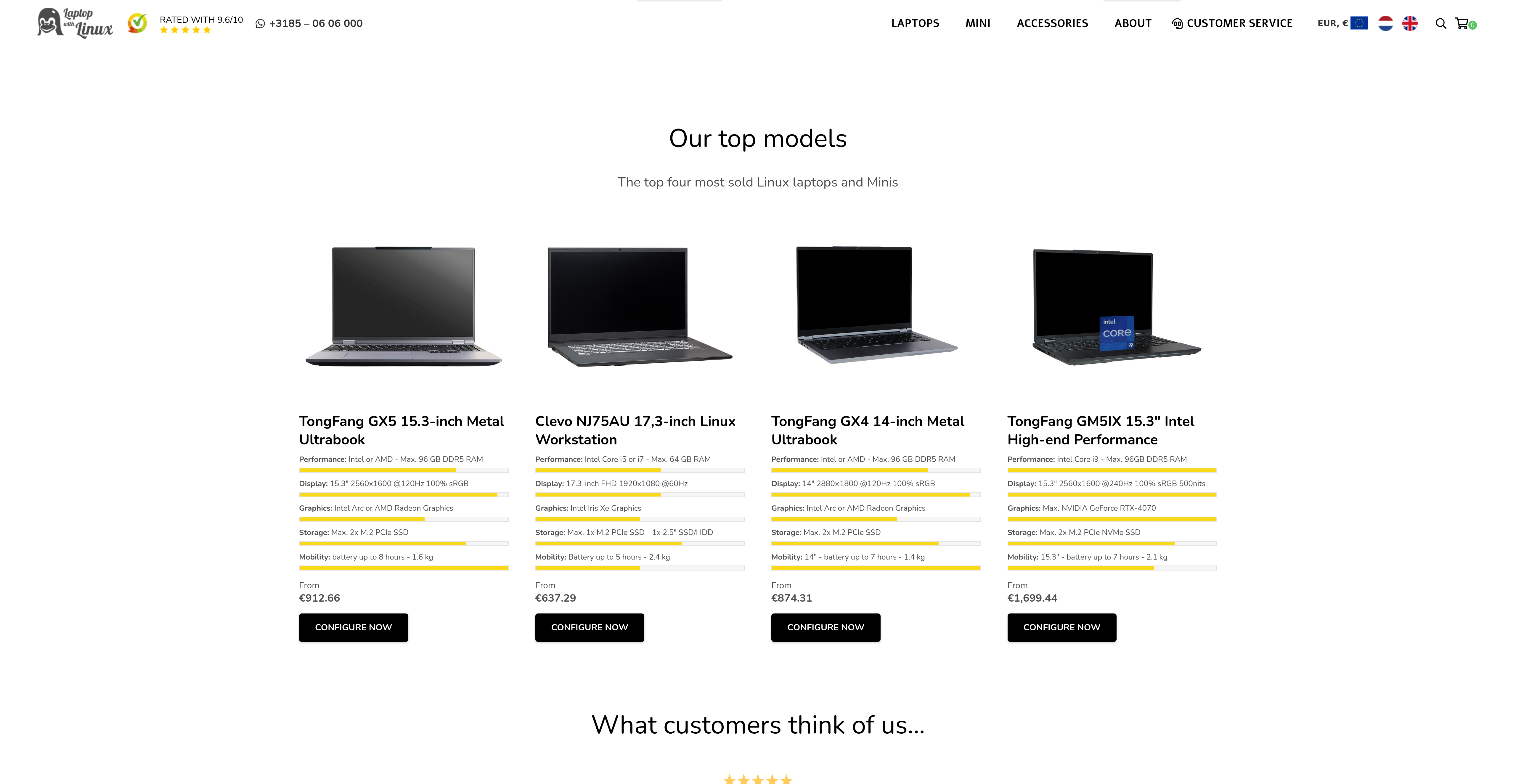 screenshot of laptops with linux showing 3 tongfang laptop options and 1 clevo 1 option
