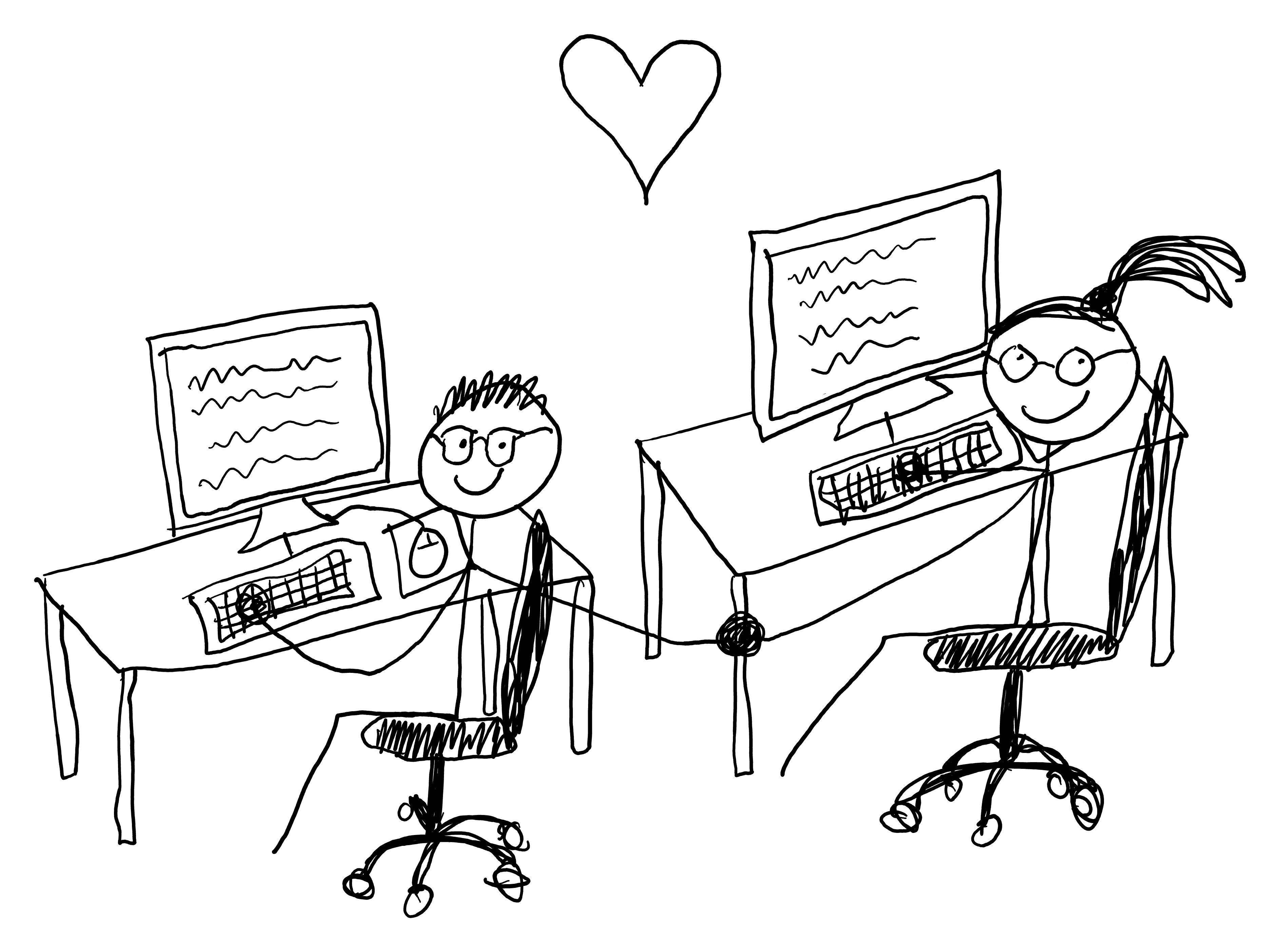 A really well drawn picture of me and my girlfriend holding hands while working. And their is a heart overhead of us.