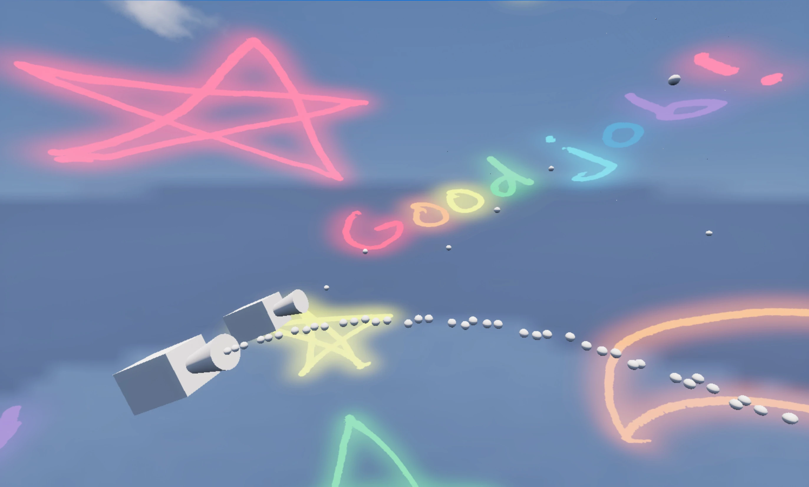 two ball cannons, one shooting balls sporadically, the other shooting a lot of balls in a near perfect arc