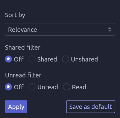 The Linkding sorting menu with Relevance added