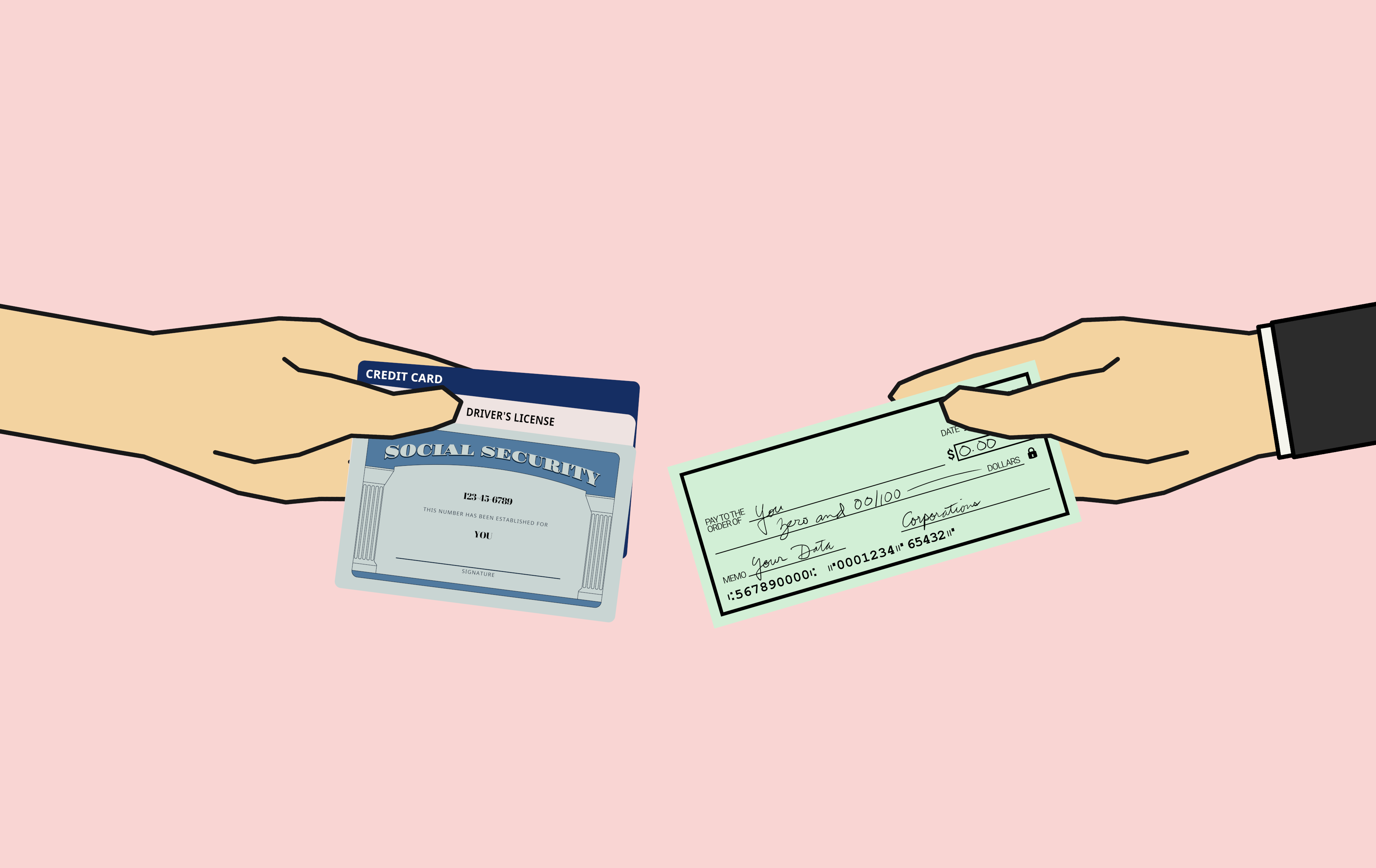 Two hands. The hand on the left holds a credit card, drivers license, and social security card in a stack. The hand on the right holds a check with zero dollars and zero cents on it, paying to the order of You. 'Your data' is written in the memo.