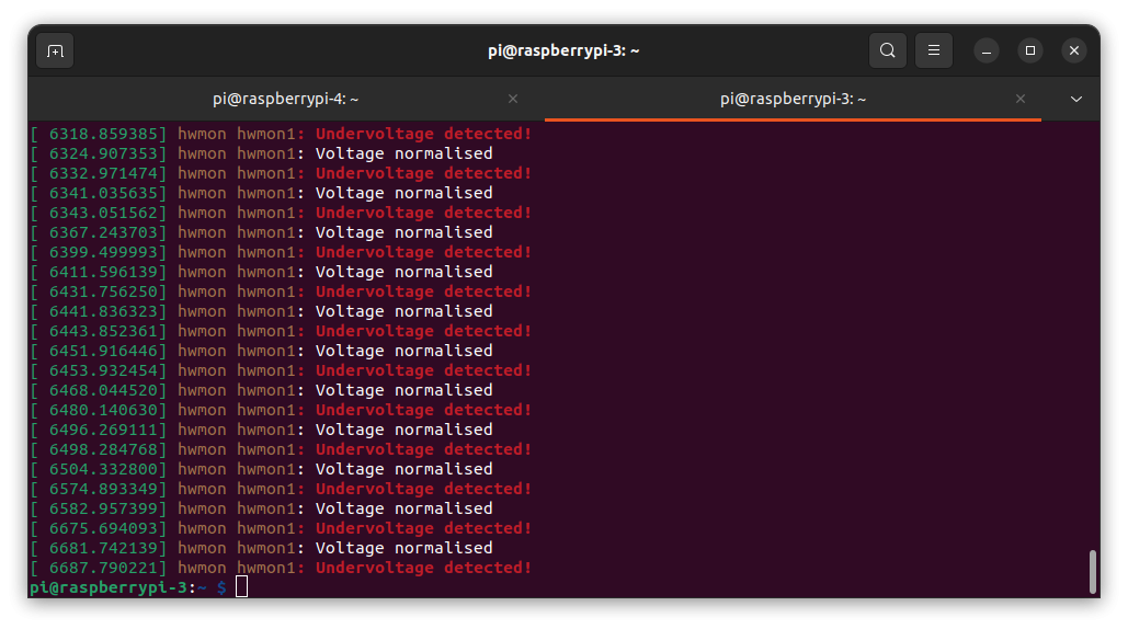 screenshot of raspberry pi over ssh complaing about under voltage
