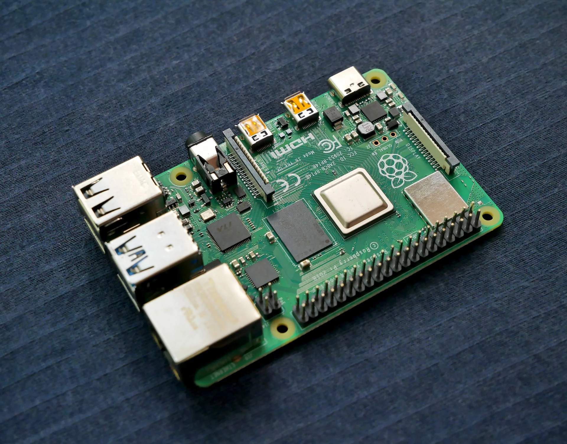 Picture of raspberry pi computer on blue cloth