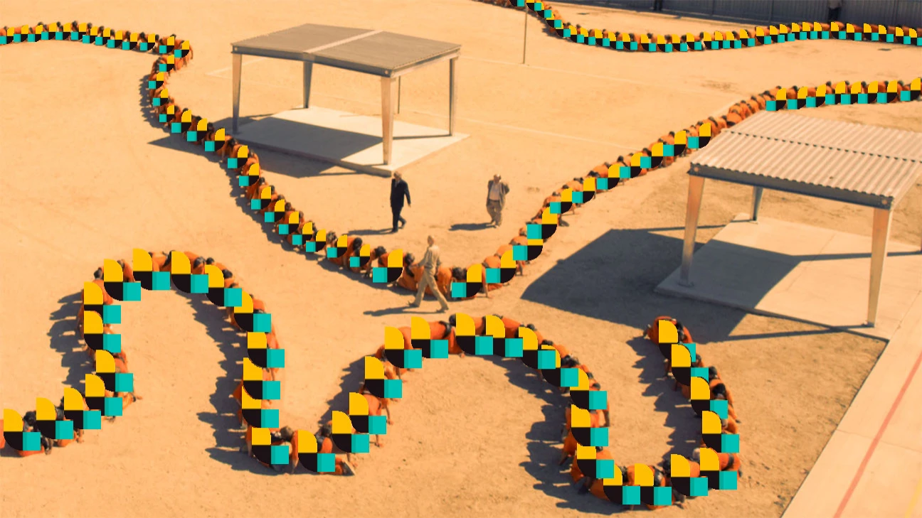 screenshot from movie Human Centipede 3 with Logstash logo over the prisoners