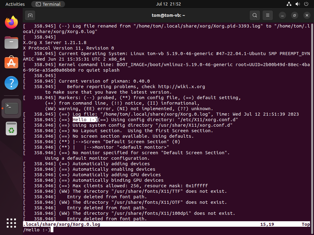 screenshot of Xorg log in terminal