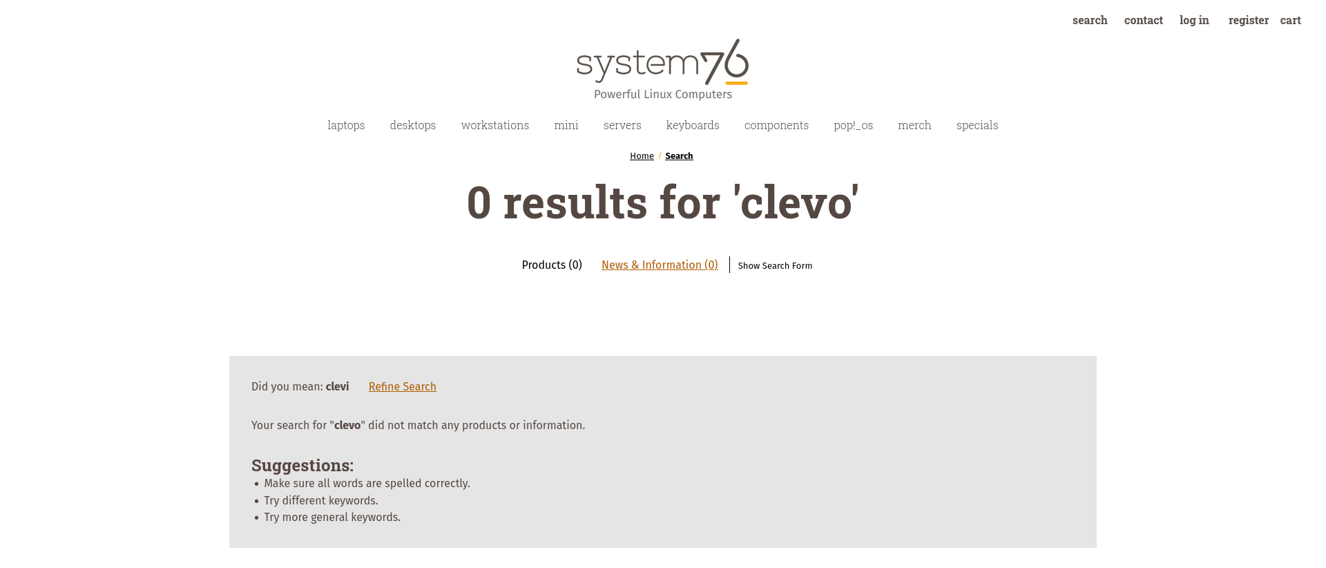 search results on clevos website showing 0 results