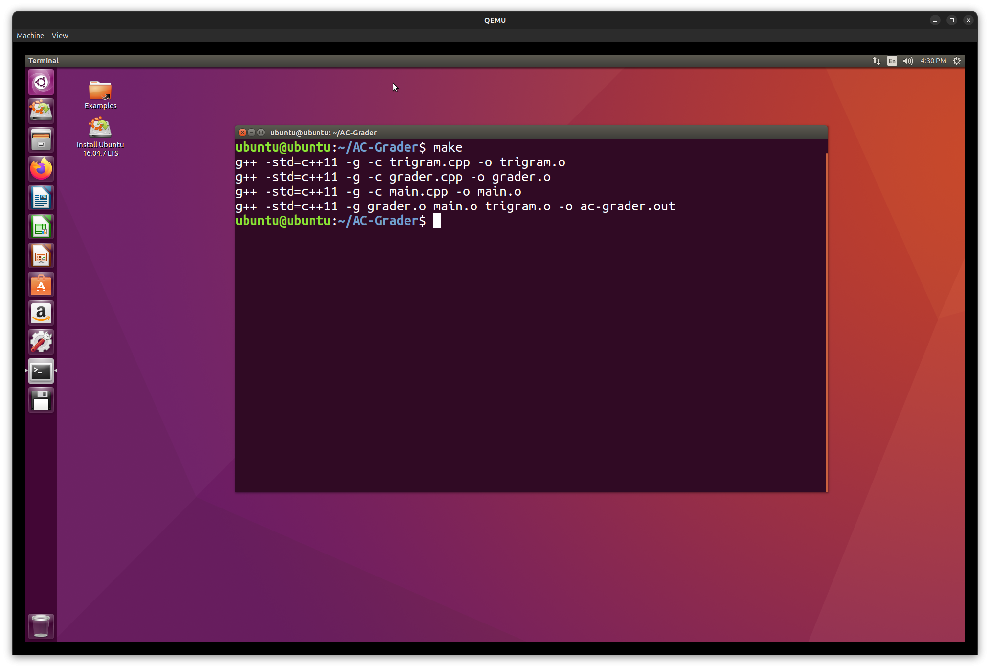 Screenshot of successful compilation of AC-Grader on Ubuntu 16.04